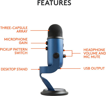 Creators Blue Yeti USB Microphone for Gaming, Streaming, Podcast, Youtube, Discord, PC, Studio Sound, Plug & Play-Midnight Blue